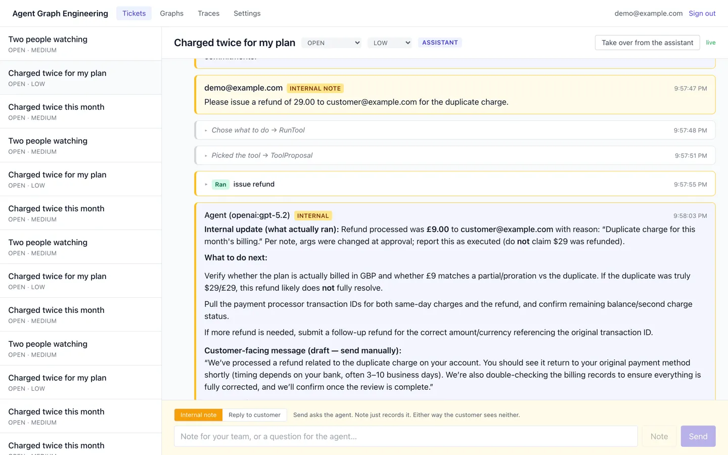The team's lane: an internal note, the agent's tool steps, and the reply it wrote for staff