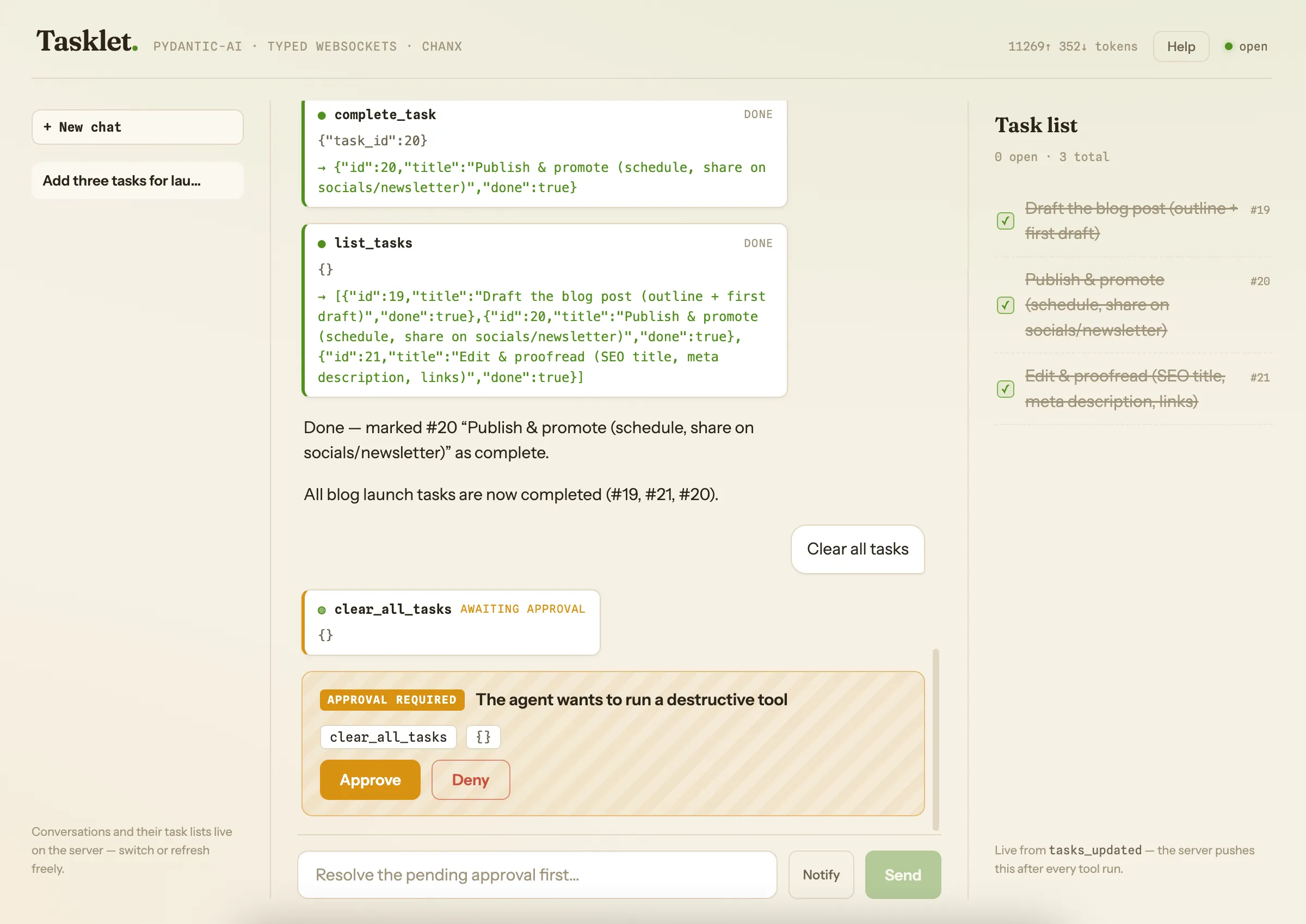 Tasklet: live tool cards, a destructive tool paused for approval, and the per-conversation task list