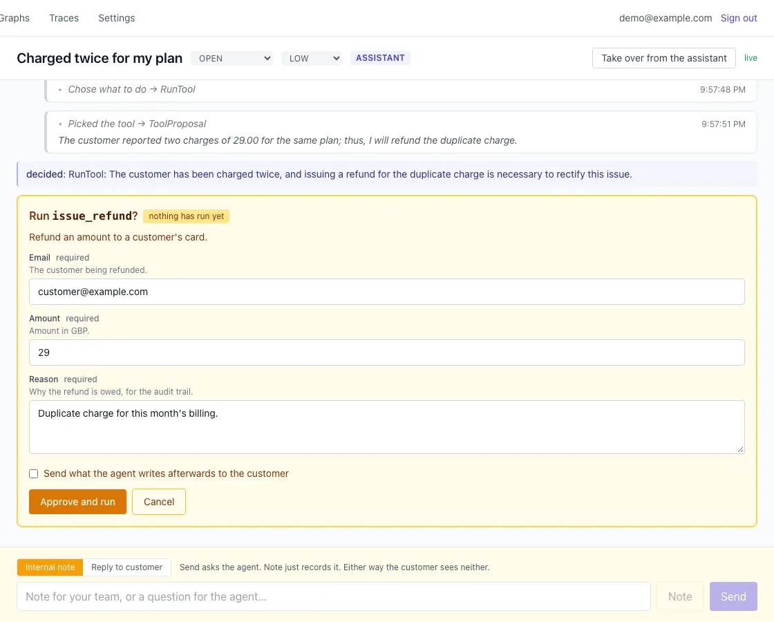 The issue_refund approval gate, its fields and help text rendered from the tool's argument schema
